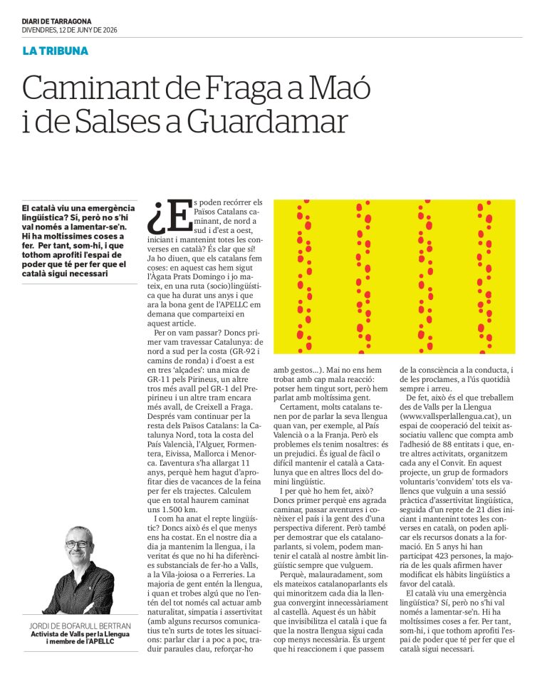 Article “Caminant de Fraga a Maó i de Salses a Guardamar” de Jordi de Bofarull Bertran