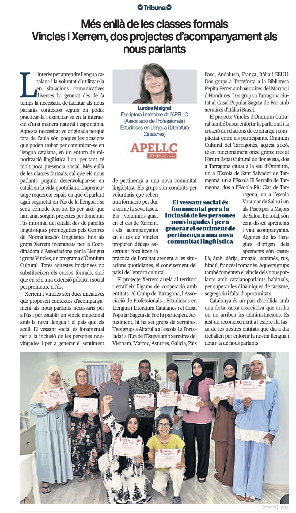 Article “Més enllà de les classes formals Vincles i Xerrem, dos projectes d’acompanyament als nous parlants” de Lurdes Malgrat