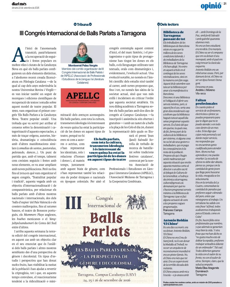 Article “III Congrés Internacional de Balls Parlats a Tarragona” de Montserrat Palau Vergés