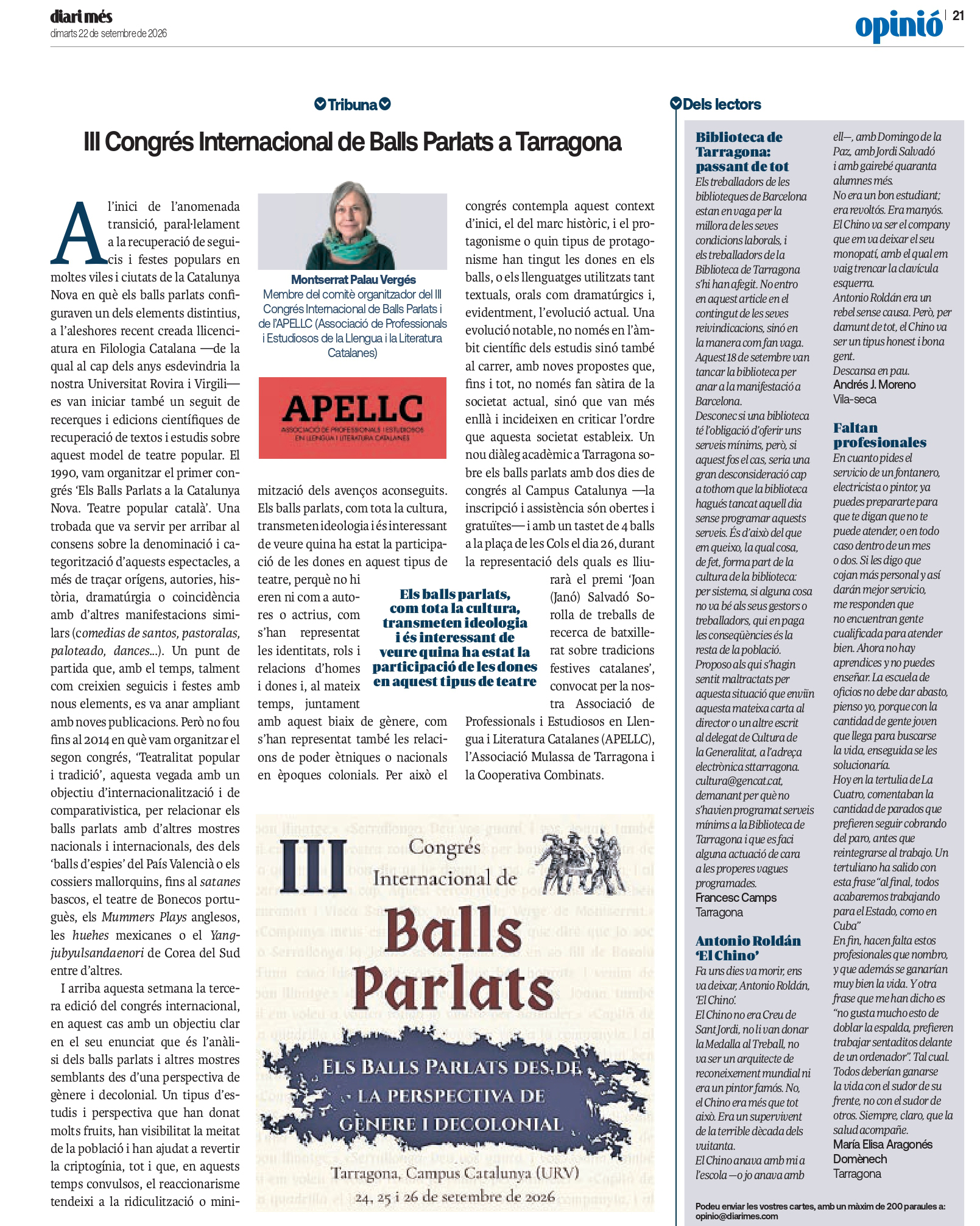 Article “III Congrés Internacional de Balls Parlats a Tarragona” de Montserrat Palau Vergés