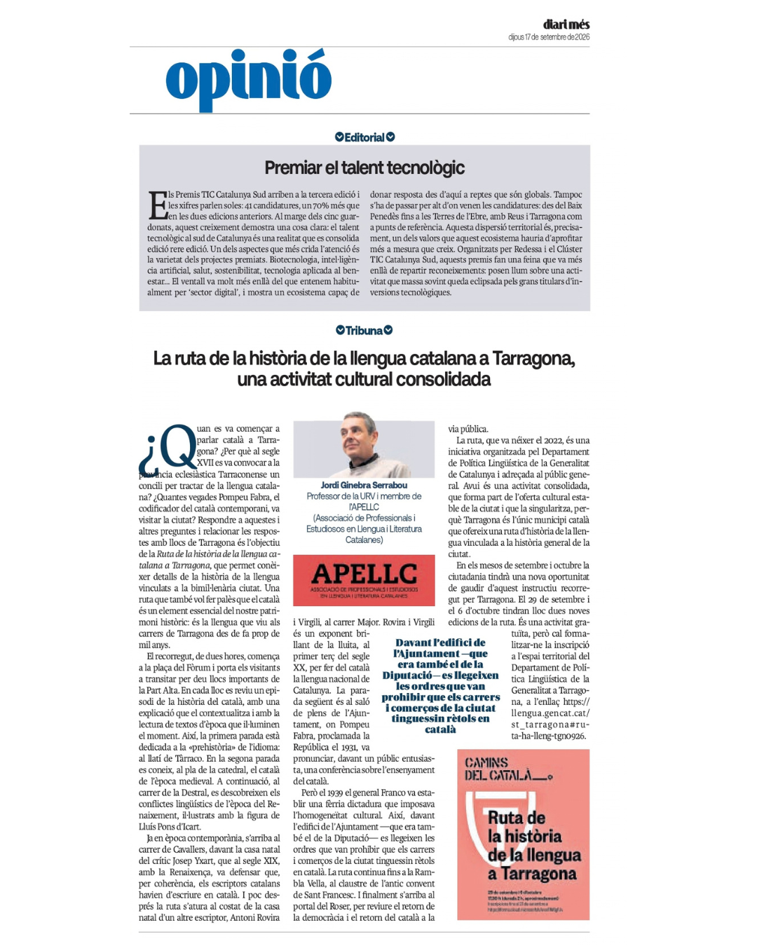 Article “La ruta de la història de la llengua catalana a Tarragona, una activitat cultural consolidada” de Jordi Ginebra Serrabou